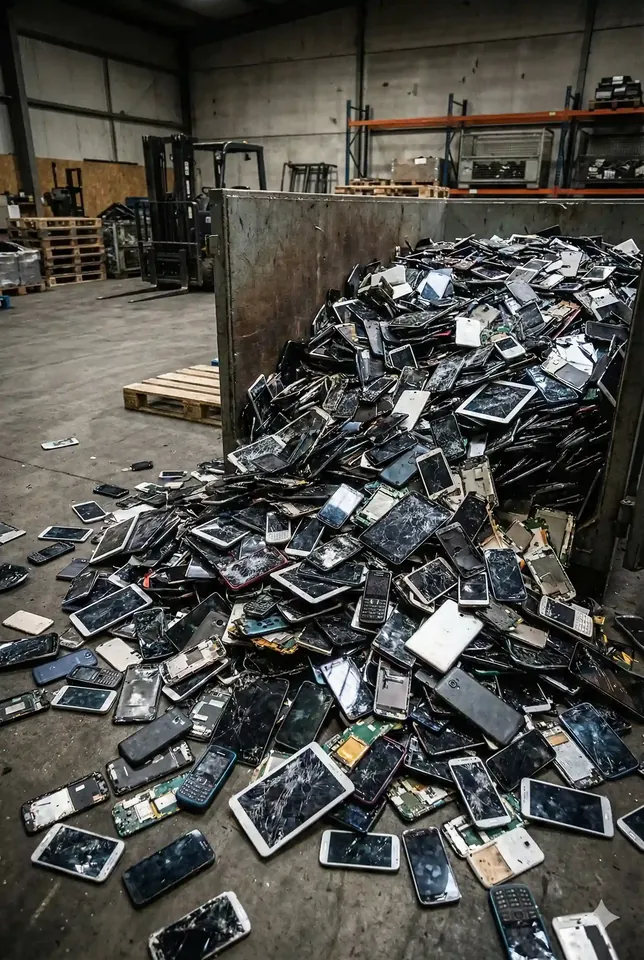 Discarded mobile phones piled in an industrial recycling area