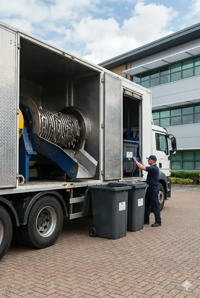 Collection vehicle with shredding equipment and wheeled bins outside a building