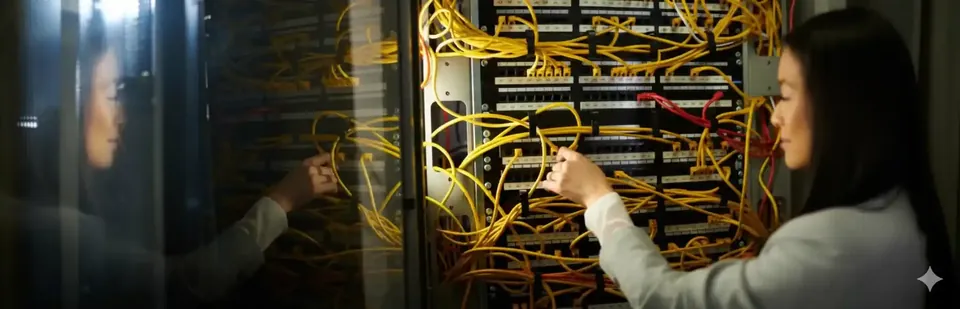 Technician working with cables and equipment in a server rack