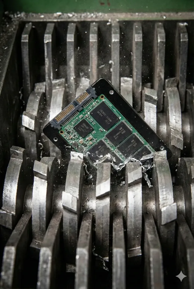 Illustration of a storage circuit board above industrial shredder blades